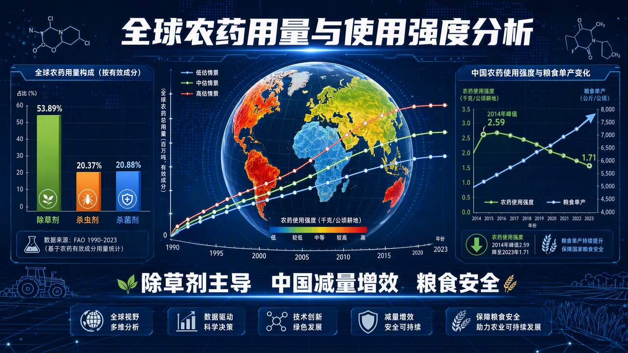 除草剂占据主导地位，中国及全球农药用量和使用强度分析